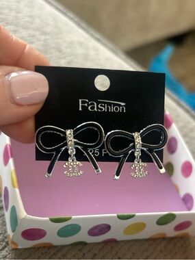 Black Bow Drop Earrings with rhinestone Accents